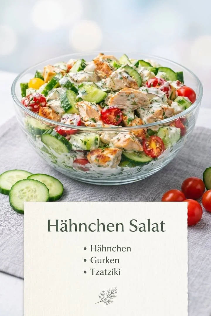 Frischer Salat mit Hähnchen und Tzatziki auf einem Teller serviert