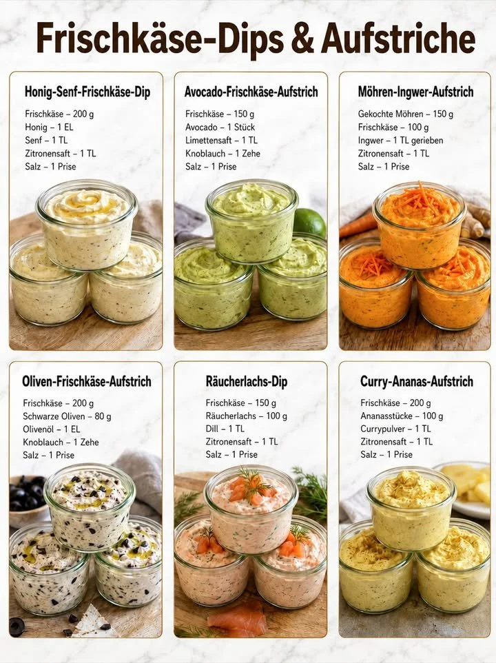 Verschiedene Frischkäse-Dips in dekorativen Schalen auf einem Tisch