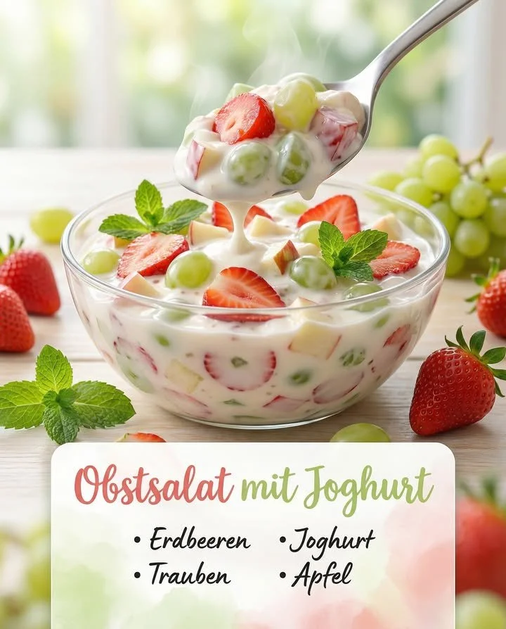 Fruchtiger Joghurt in einer Schale mit frischen Früchten dekoriert.
