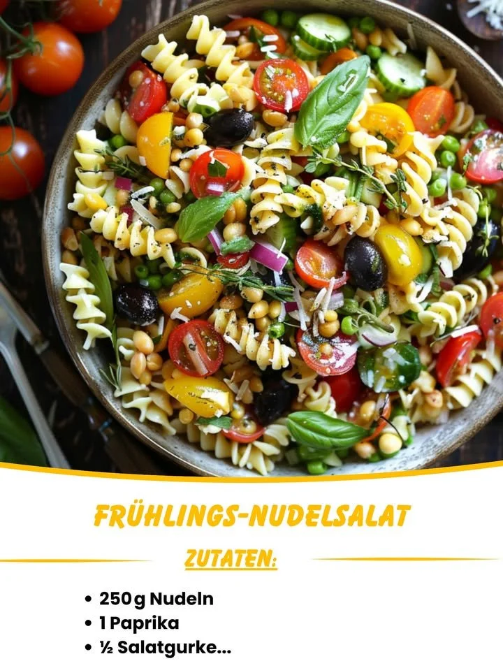 Frühlings-Nudelsalat mit Gemüse und Dressing auf einem Teller serviert
