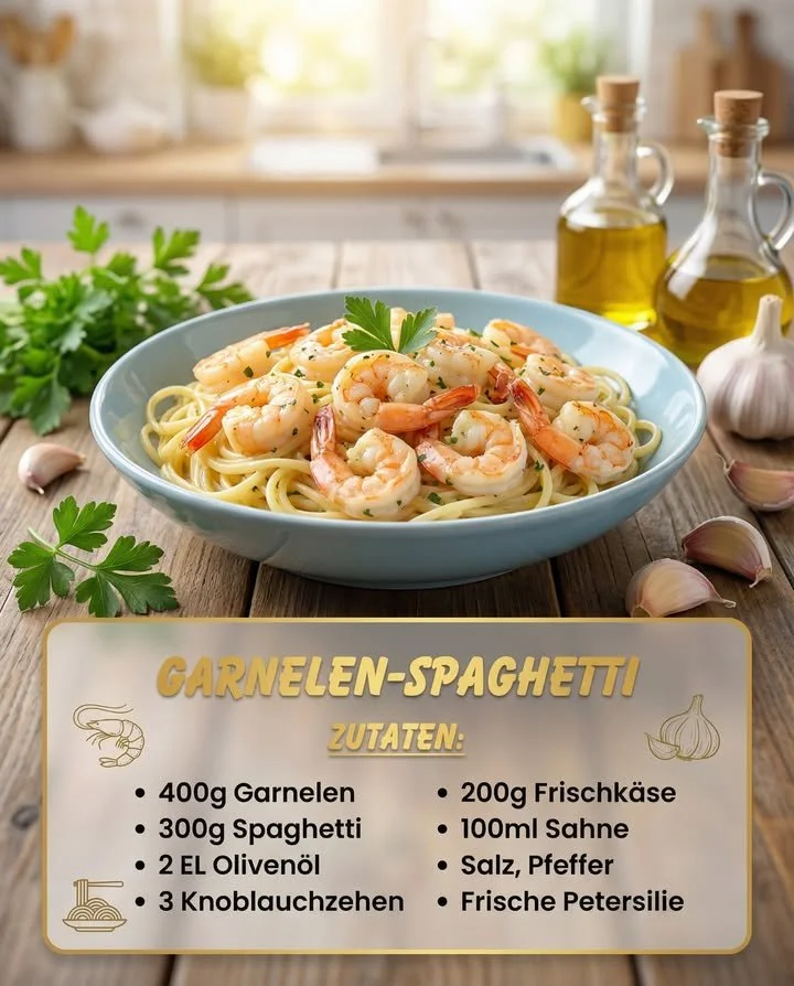 Teller mit Garnelen-Spaghetti und frischen Kräutern