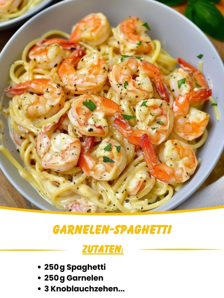 Garnelen-Spaghetti in Knoblauch-Frischkäsesauce auf einem Teller serviert