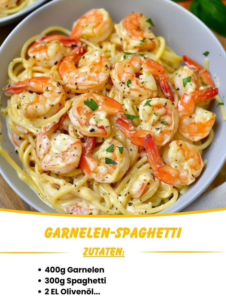 Garnelen-Spaghetti in Knoblauch-Frischkäsesauce serviert