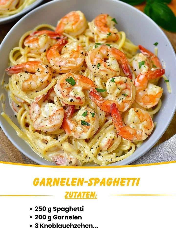 Garnelen-Spaghetti in Knoblauch-Frischkäsesauce auf einem Teller serviert