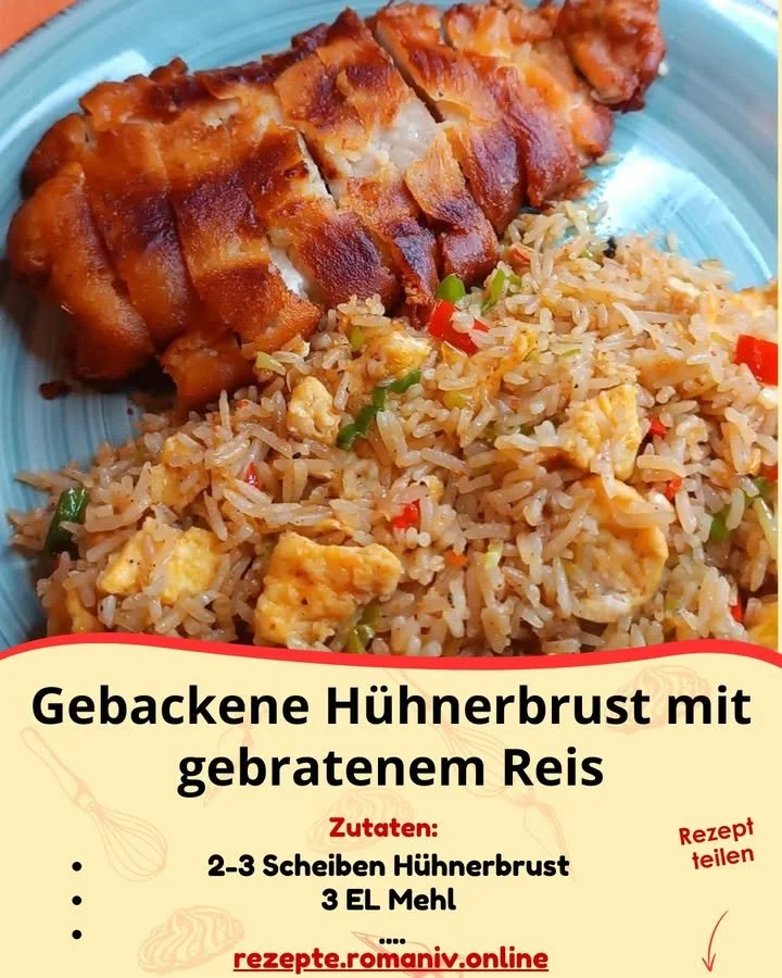 Gebackene Hühnerbrust mit gebratenem Reis auf einem Teller serviert.
