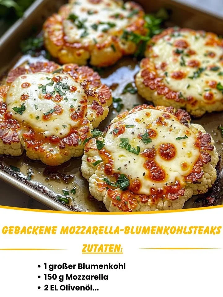 Gebackene Mozzarella-Blumenkohlsteaks auf einem Teller serviert