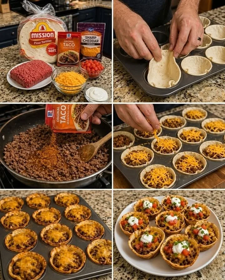 Gebackene Taco Tassen mit frischen Zutaten und würziger Füllung
