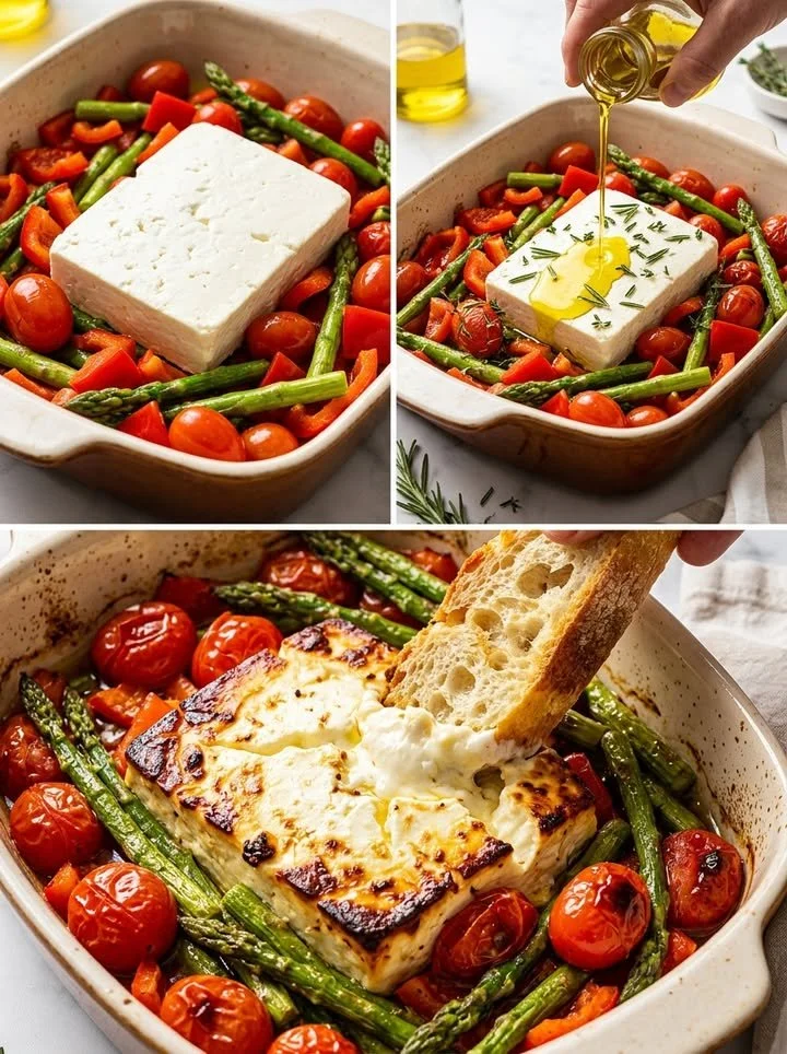 Gebackener Feta mit mediterranem Gemüse auf einem Teller serviert