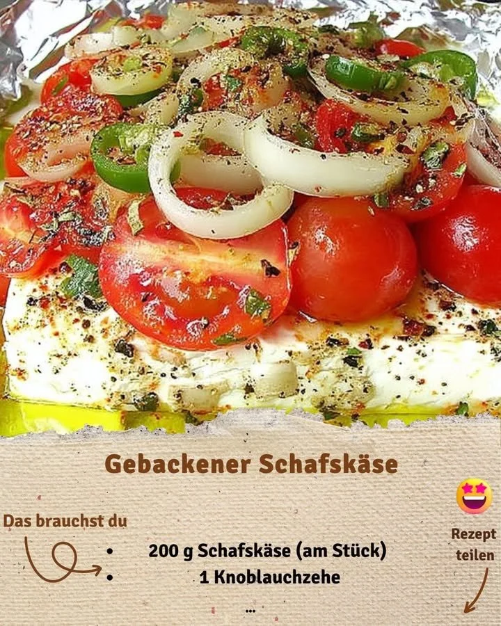 Gebackener Schafskäse mit Kräutern und Olivenöl, serviert in einer Pfanne