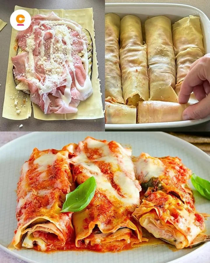 Gefüllte Cannelloni mit Auberginen auf einem Teller serviert