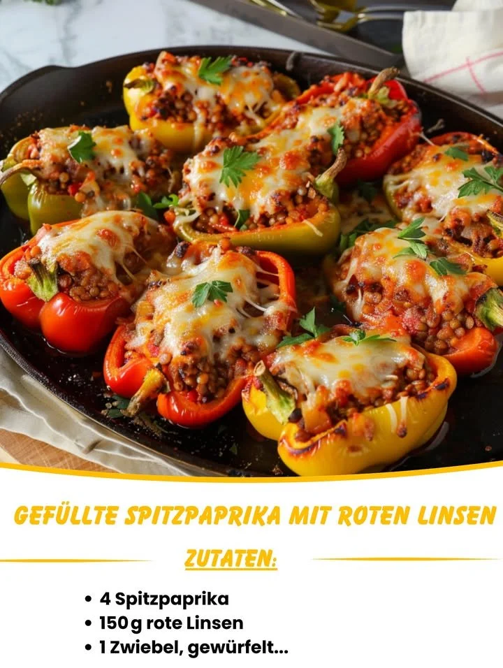 Gefüllte Spitzpaprika mit roten Linsen auf einem Teller serviert