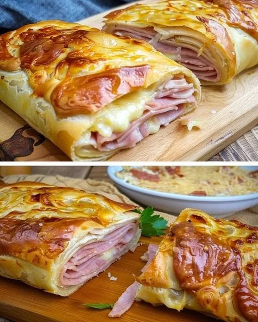 Gefüllter Blätterteigstrudel mit Schinken und Käse frisch auf dem Teller
