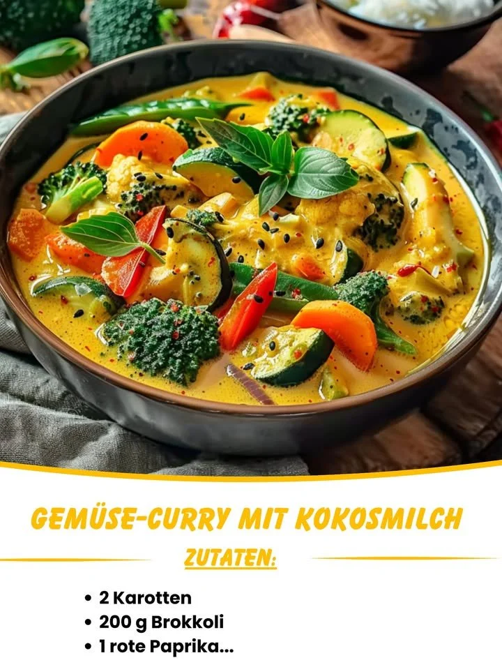 Gemüse-Curry mit Kokosmilch auf einem bunten Teller