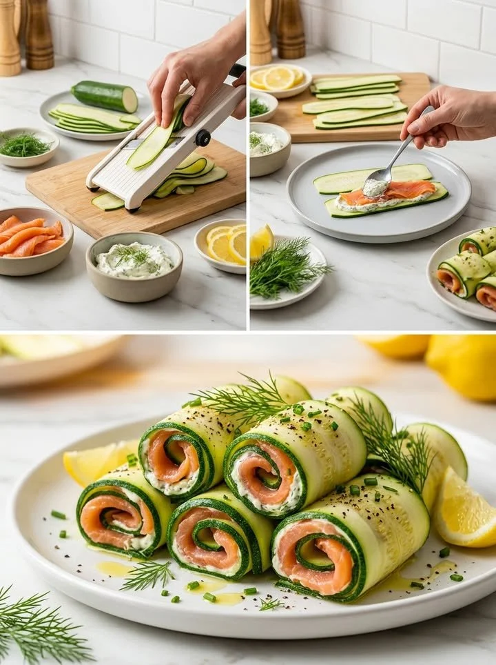 Zucchini-Lachs-Röllchen auf einem weißen Teller angerichtet