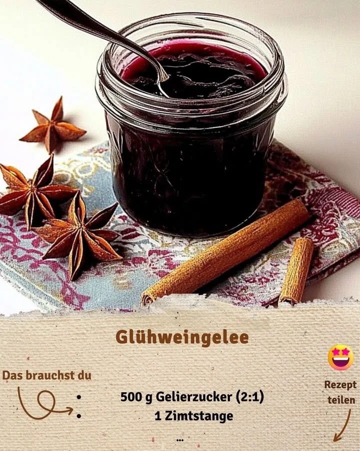 Glühweingelee im Glas, serviert mit Gewürzen und Früchten.
