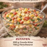 Goudasalat mit Paprika und Fleischwurst auf einem Teller