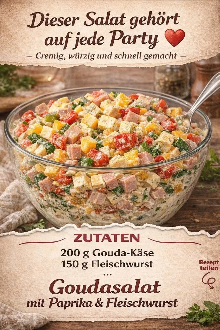 Goudasalat mit Paprika und Fleischwurst auf einem Teller