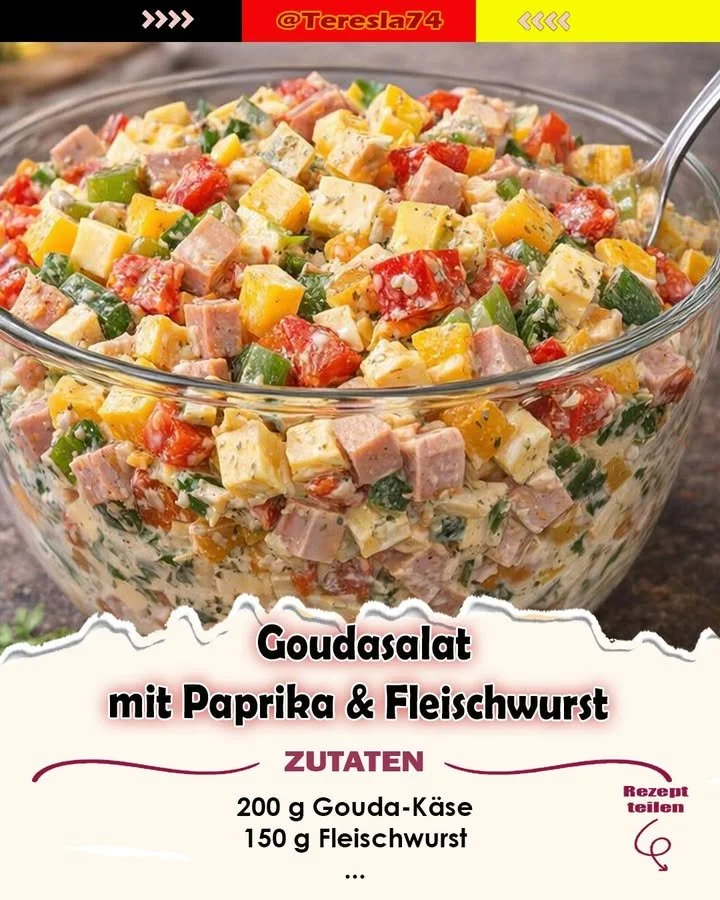 Goudasalat mit Paprika und Fleischwurst in einer Schüssel serviert