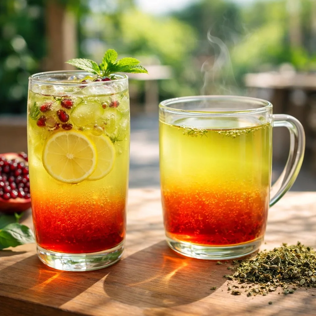 Tasse mit Granatapfel-Grüntee-Glanz und frischen Granatapfelkernen.