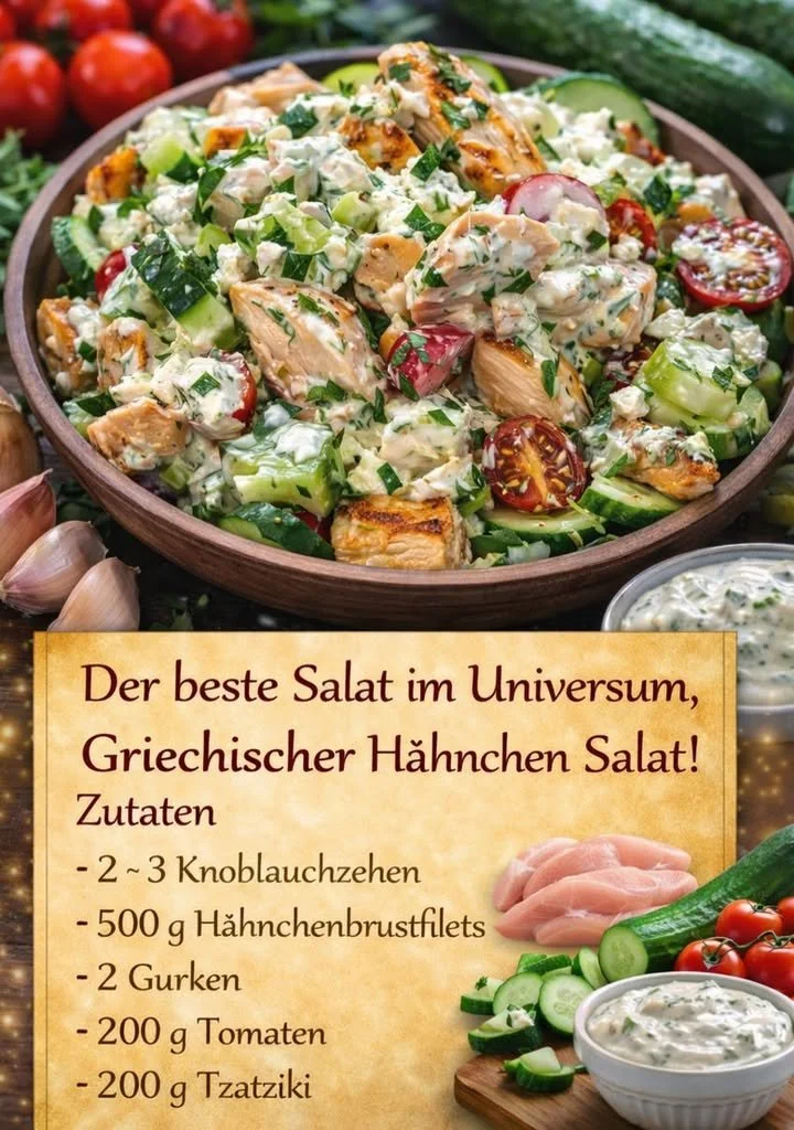 Griechischer Hähnchen Salat mit frischem Gemüse und Dressing
