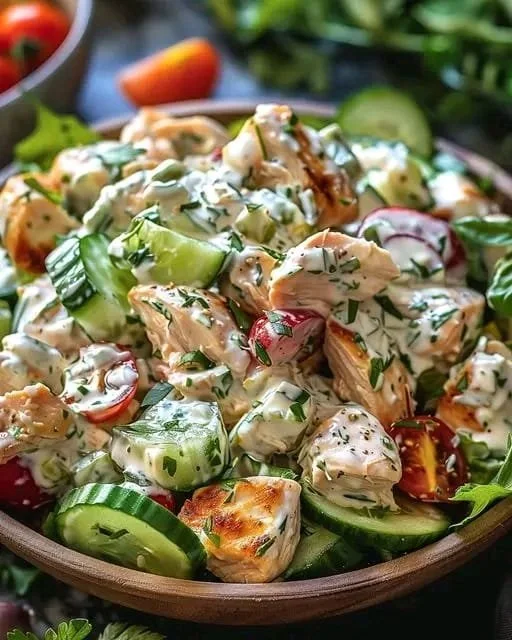 Griechischer Hähnchen Salat mit frischem Tzatziki und buntem Gemüse