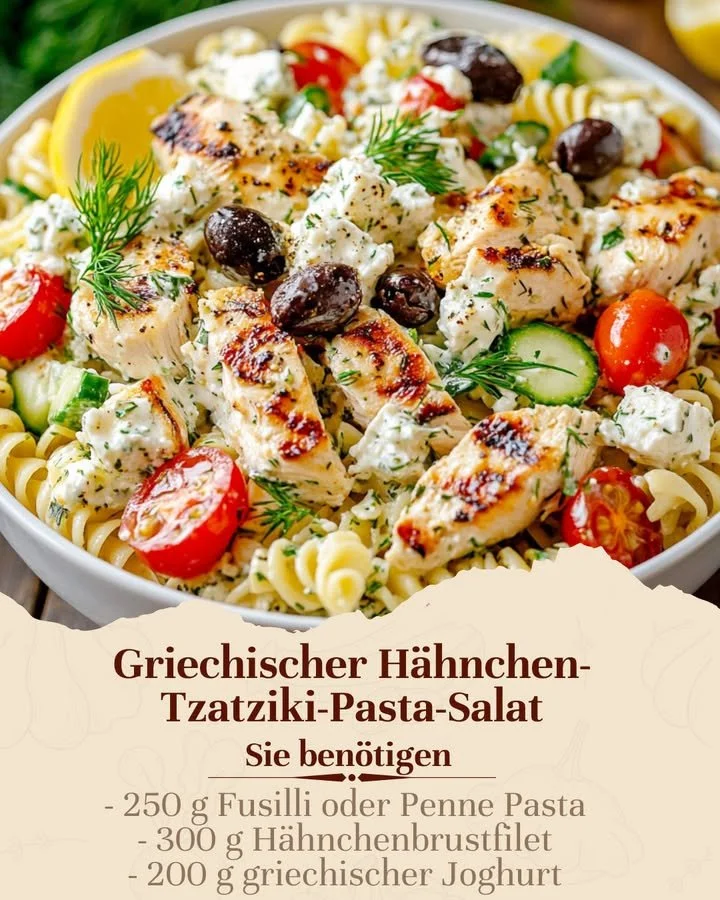Griechischer Hähnchen-Tzatziki-Nudelsalat in einer Schüssel mit frischen Zutaten