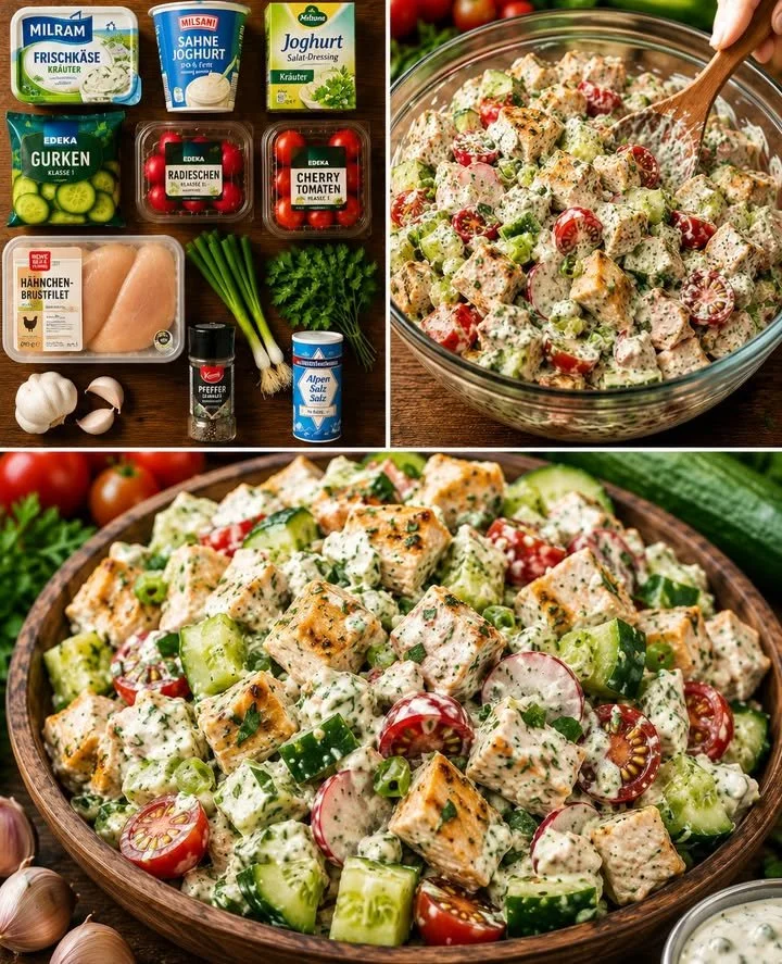 Leckerer griechischer Hähnchen Tzatziki Salat auf einem Teller