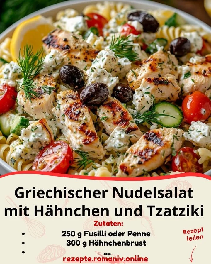 Griechischer Nudelsalat mit Hähnchen und Tzatziki in einer Schüssel