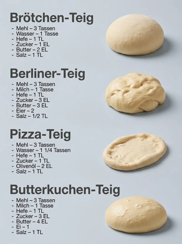 Vier einfache Hefeteige für vielfältige Rezepte und Backideen.