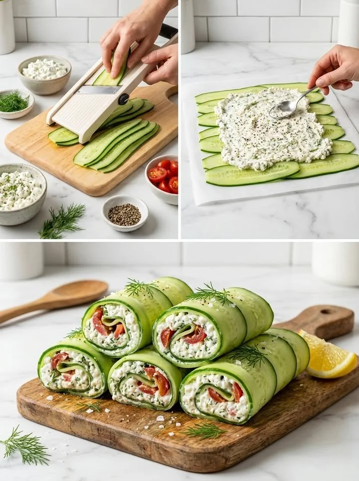 Leckere Gurken-Cottage-Cheese-Wraps auf einem Teller serviert.