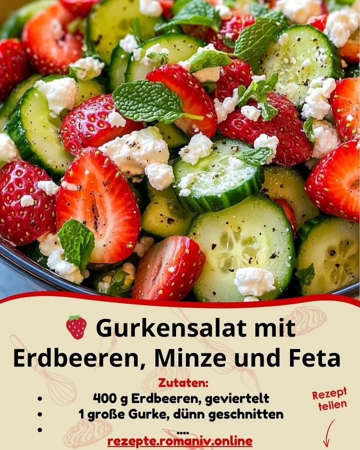 Gurkensalat mit Erdbeeren, Minze und Feta auf einem Teller