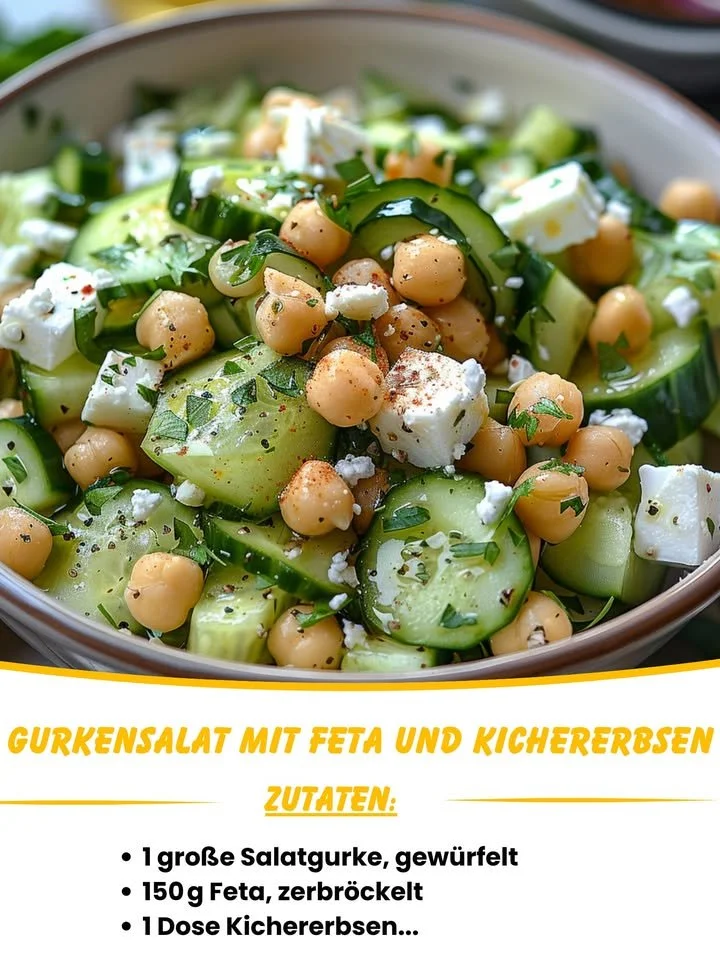 Gurkensalat mit Feta und Kichererbsen in einer schönen Schüssel angerichtet