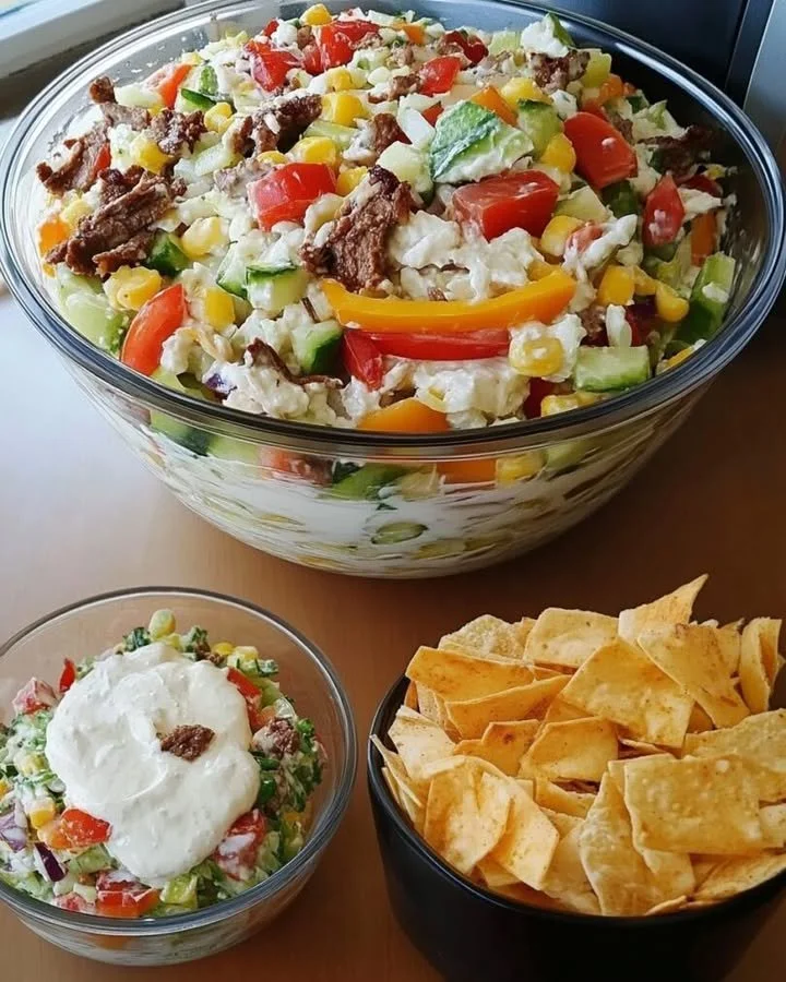Leckere Gyrosschichtsalat mit frischen Zutaten und würzigem Dressing