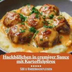 Hackbällchen in cremiger Sauce serviert mit Kartoffelpüree auf einem Teller
