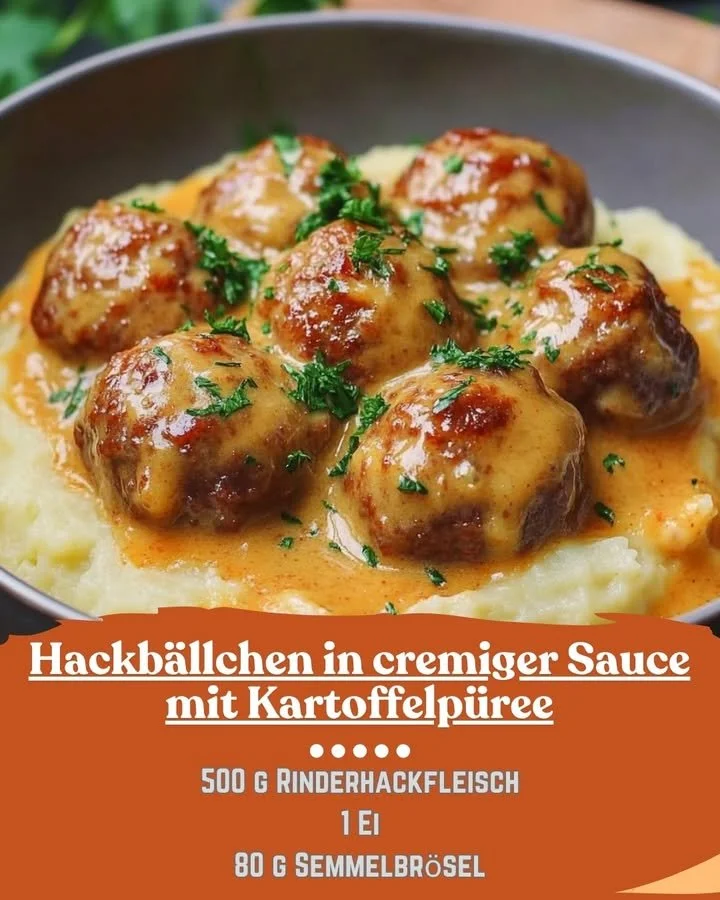 Hackbällchen in cremiger Sauce serviert mit Kartoffelpüree auf einem Teller