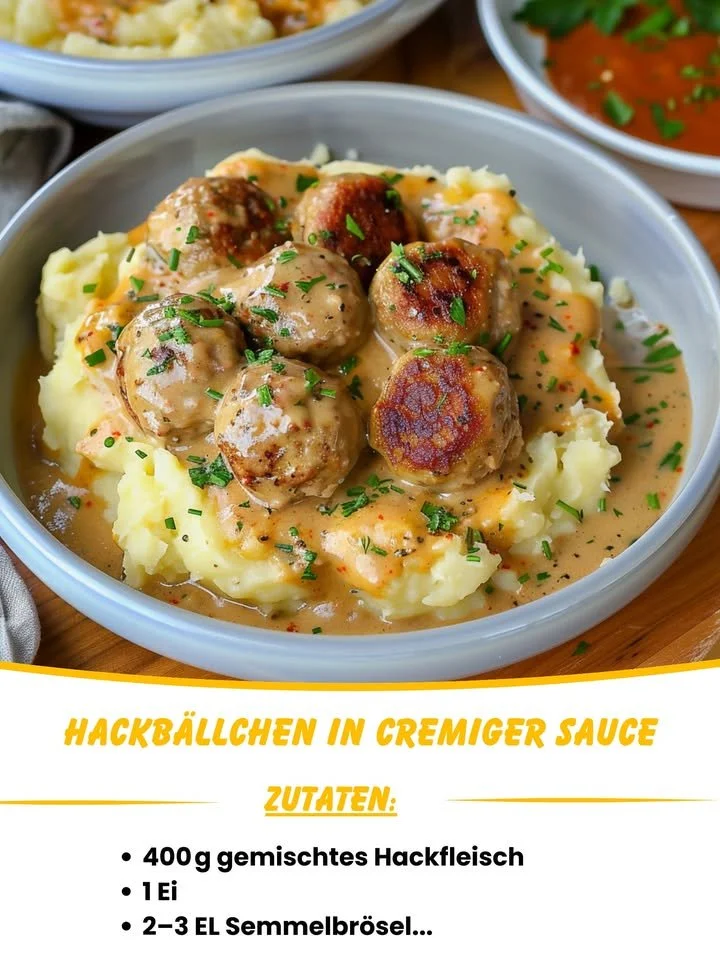 Hackbällchen in cremiger Sauce mit Kartoffelpüree auf einem Teller angerichtet