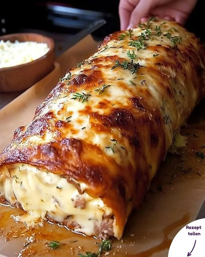 Hackfleisch-Käse-Rolle auf einem Teller serviert