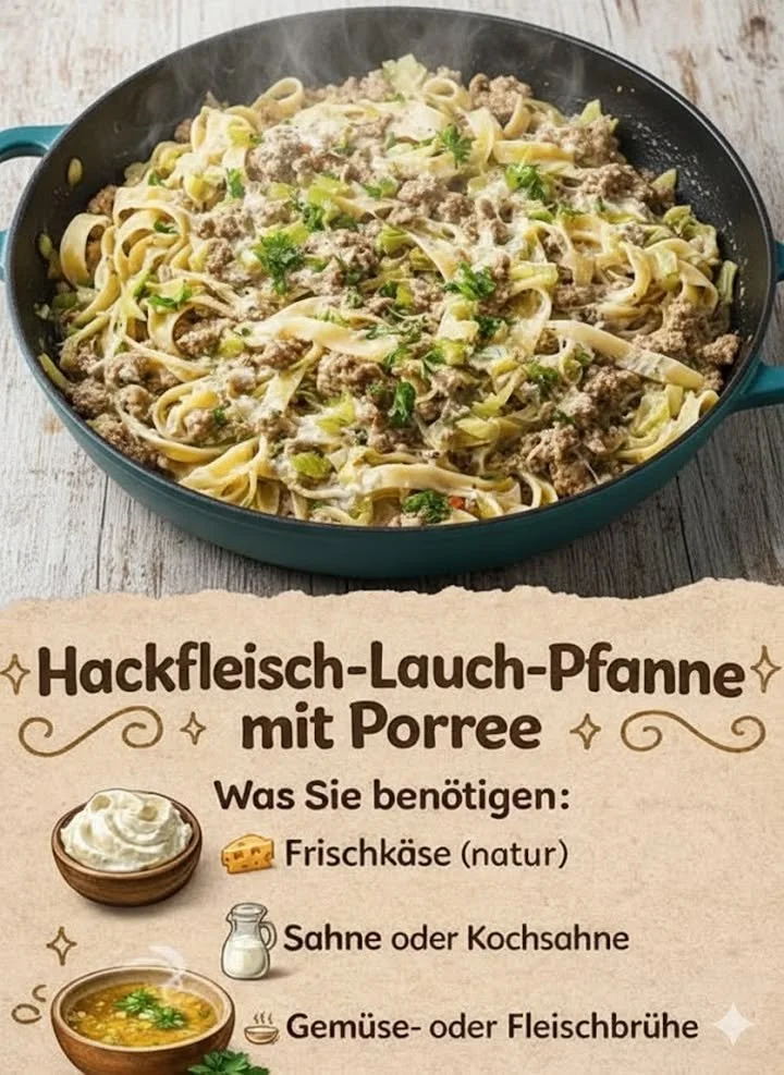 Leckere Hackfleisch-Lauch-Pfanne mit frischem Porree auf einem Teller