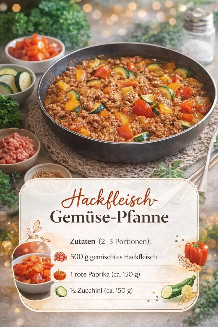 Hackfleischpfanne mit Gemüse in einer Pfanne garend