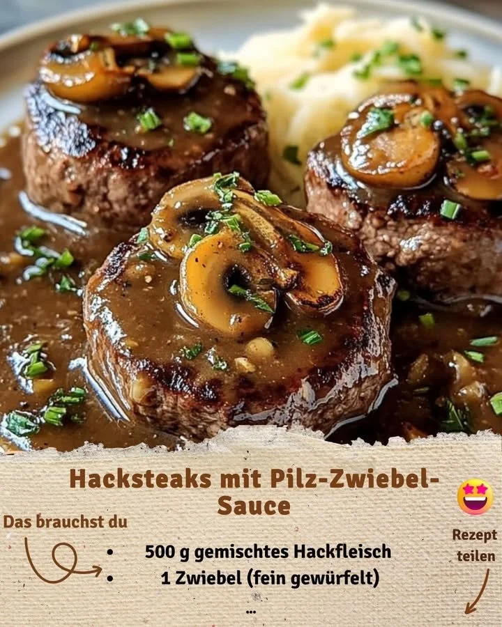 Leckere Hacksteaks mit Pilz-Zwiebel-Sauce auf einem Teller serviert.