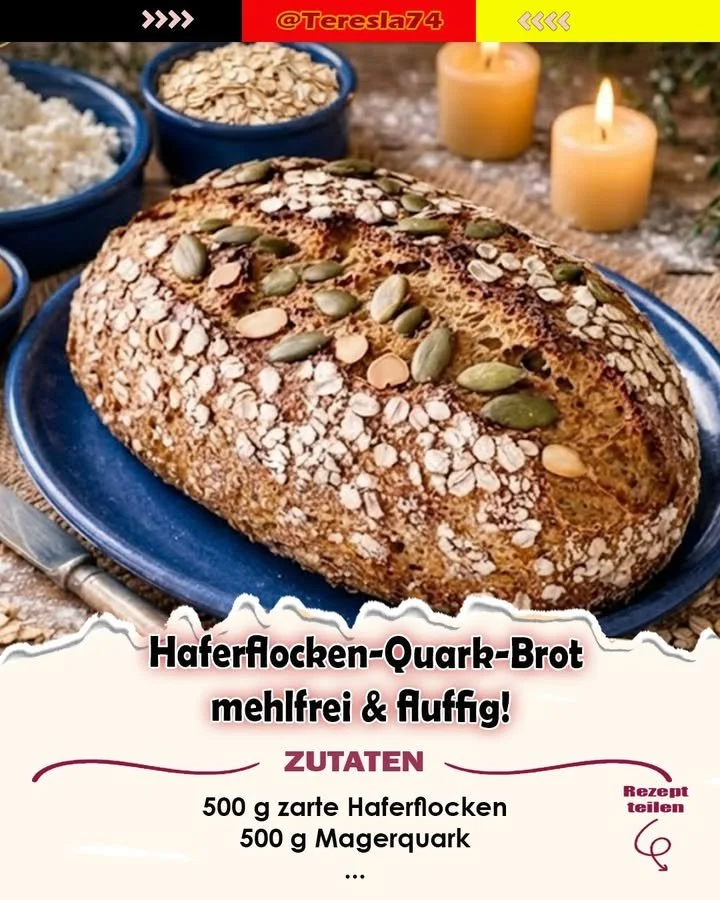 Fluffiges Haferflocken-Quark-Brot auf einem Holzbrett