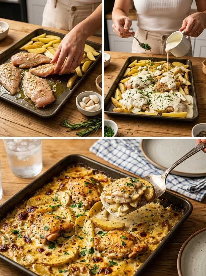 Hähnchen-Auflauf mit Kartoffeln und Knoblauch-Sahne auf einem Teller serviert
