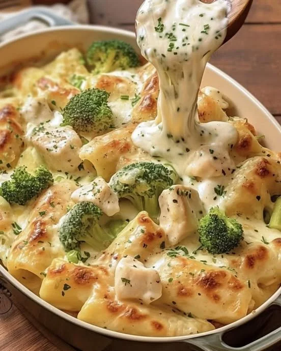 Hähnchen-Brokkoli-Auflauf Alfredo mit cremiger Sauce und Käse überbacken.