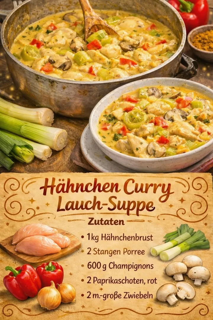 Hähnchen Curry Lauch-Suppe mit frischen Zutaten in einer Schüssel