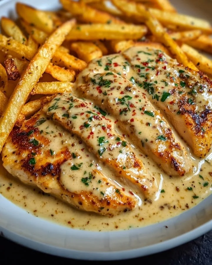 Hähnchenfilet in cremiger Knoblauchsauce auf einem Teller angerichtet