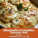 Hähnchenfilet in Frischkäse-Parmesan-Soße auf einem Teller serviert.