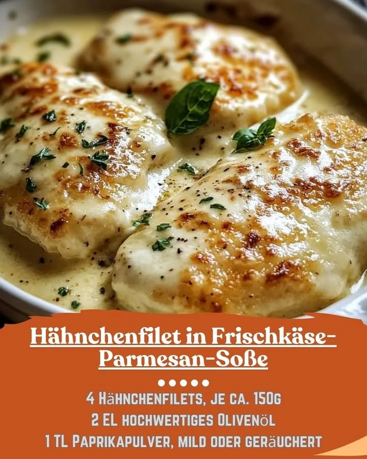 Hähnchenfilet in Frischkäse-Parmesan-Soße auf einem Teller serviert.