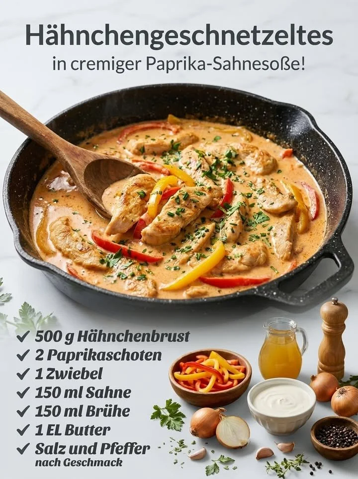 Hähnchengeschnetzeltes in cremiger Paprika-Sahnesoße serviert auf einem Teller