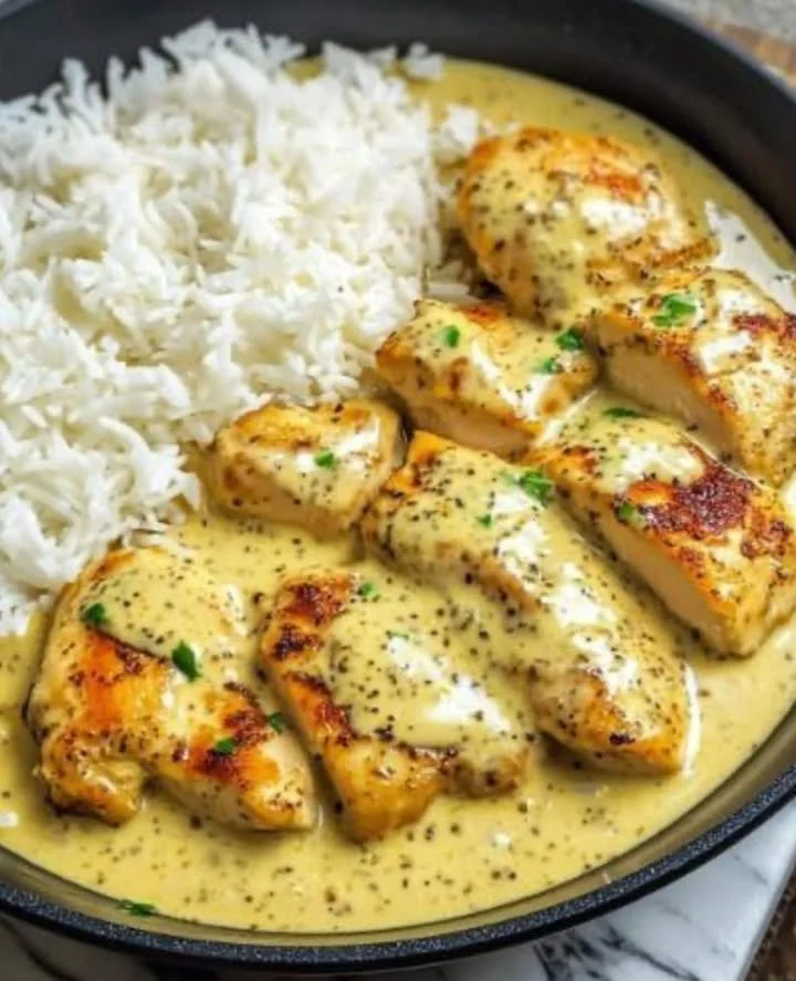 Leckere Hähnchenpfanne mit Gemüse und Gewürzen auf einem Teller