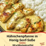 Hähnchenpfanne mit Honig-Senf-Soße auf einem Teller serviert